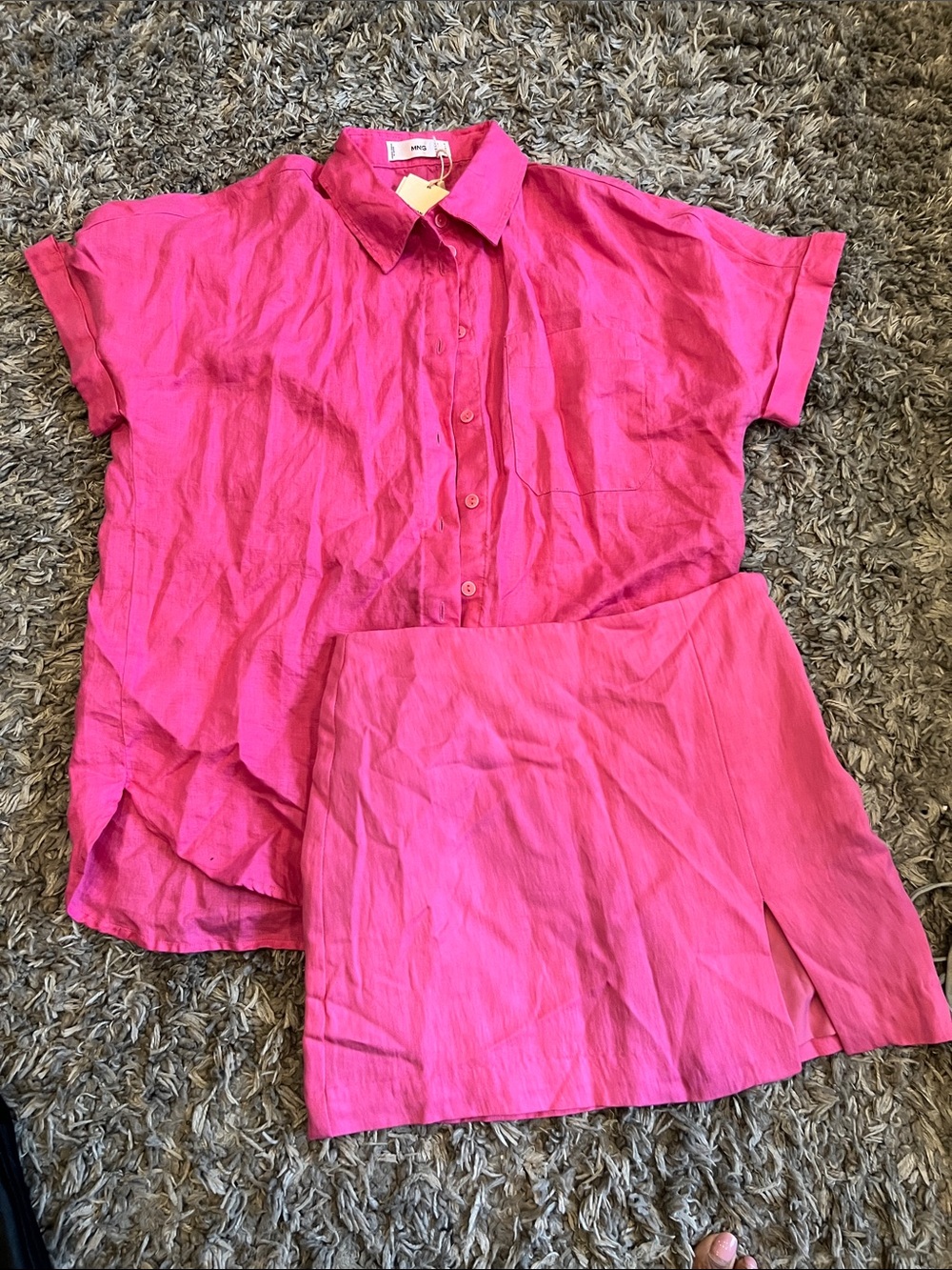 Mango and H&M Hot Pink Button-Up Top and Skirt Set